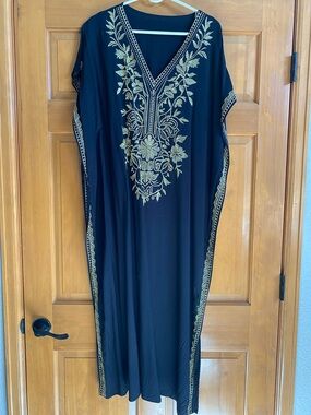 Black Embroidered V-Neck Caftan Dress with Gold Detailing